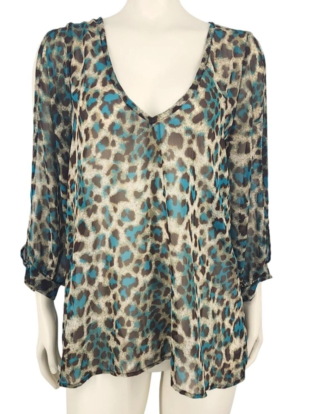 Women's Young at Heart Leopard Print Sheer Slit Sleeves Blouse Top Shirt Medium